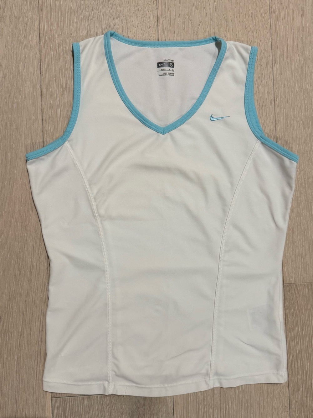 Nike Women’s White V‑Neck FitDry Tank with Aqua Blue Trim